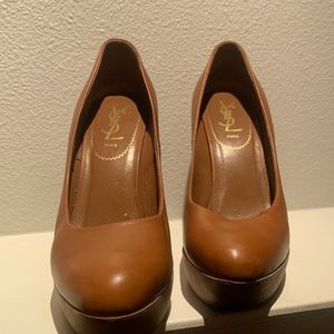 Flawless YSL tan leather and 41/ inch wooden wedges . Size 38.5. Impossible find